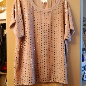 Taupe blouse with rose gold sequins